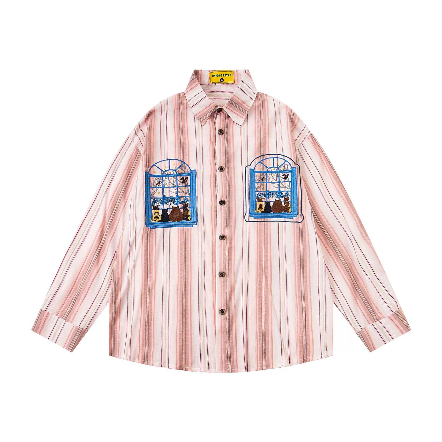 𝔼mbro 𝕊hirt𒉽2025秋冬小貓圖案刺繡條紋襯衫U-41