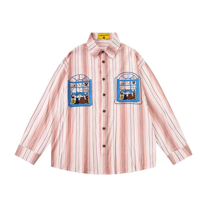 𝔼mbro 𝕊hirt𒉽2025秋冬小貓圖案刺繡條紋襯衫U-41