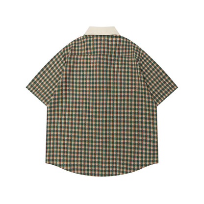 𝔼mbro 𝕊hirt𒉽美式復古可愛熊貓刺繡格子襯衫N-6