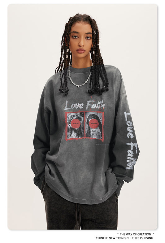 ♛𝔽𝕦𝕤𝕚𝕠𝕟 𝔽𝕠𝕔𝕦𝕤 ♛2025秋冬復古水洗印花大學T W-38