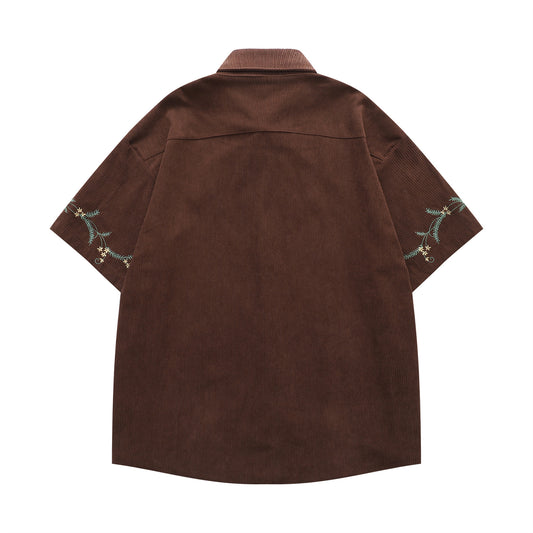 𝔼mbro 𝕊hirt𒉽美式復古花卉刺繡燈芯絨短袖寬鬆襯衫Y-7