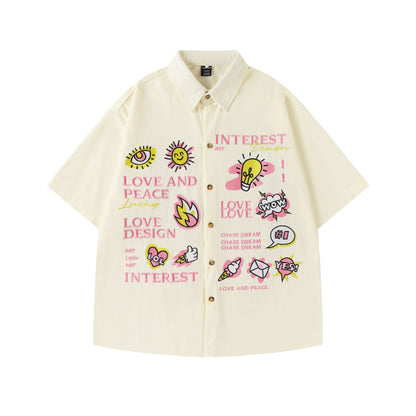 𝔼mbro 𝕊hirt𒉽美式復古趣味圖案燈芯絨短袖寬鬆襯衫 R-083