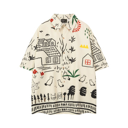 𝕃oose 𝔽it ☞𝟤𝟢𝟤𝟧 ☜日式復古趣味塗鴉印花休閒短袖襯衫	 DU-A31