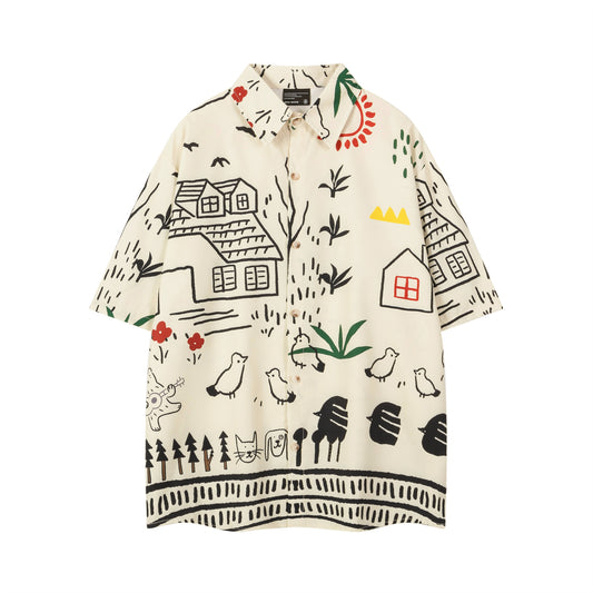 𝕃oose 𝔽it ☞𝟤𝟢𝟤𝟧 ☜日式復古趣味塗鴉印花休閒短袖襯衫	 DU-A31