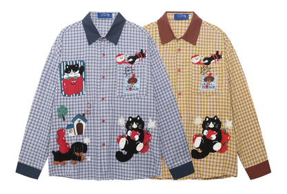 𝔼mbro 𝕊hirt𒉽2025秋冬貓咪刺繡寬鬆襯衫外套S-80