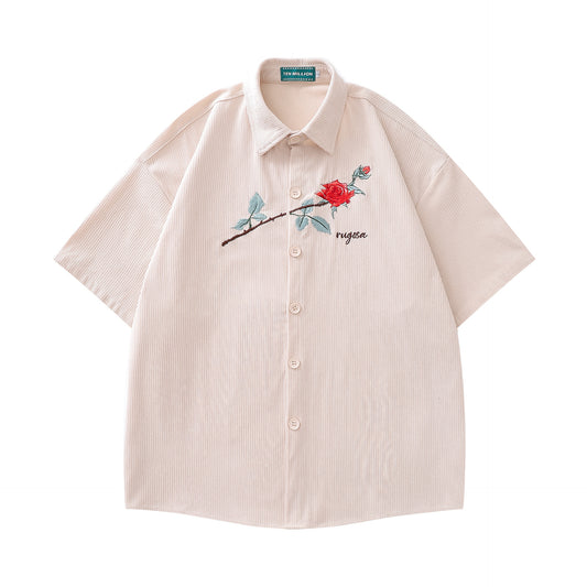 𝔼mbro 𝕊hirt𒉽美式復古刺繡玫瑰花燈芯絨短袖寬鬆襯衫P-12