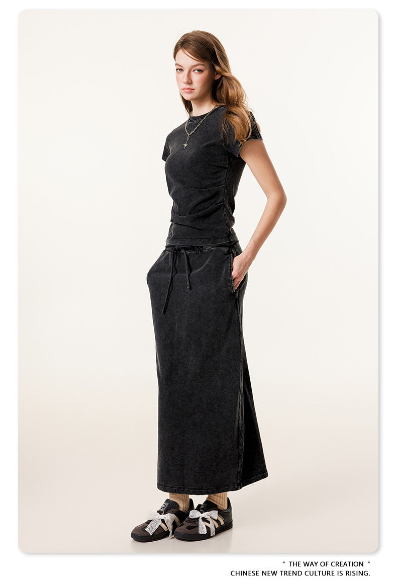 Fierce & Fitted 夏季辣妹必備INS緊身短款上衣 收腰直筒長裙套裝N-7 復古黑