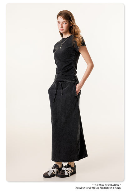 Fierce & Fitted 夏季辣妹必備INS緊身短款上衣 收腰直筒長裙套裝N-7 復古黑