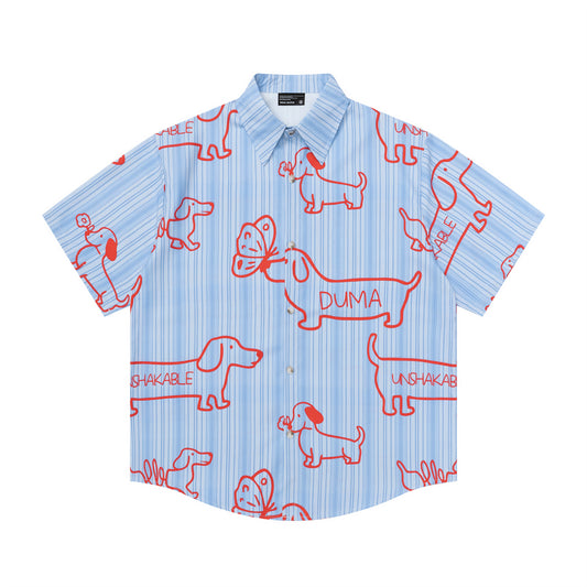 𝕃oose 𝔽it ☞𝟤𝟢𝟤𝟧 ☜日式復古臘腸狗印花休閒寬鬆襯衫	 DU-A101