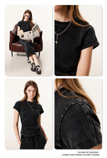 Fierce & Fitted 夏季辣妹必備INS緊身短款上衣 收腰直筒長裙套裝N-7 復古黑