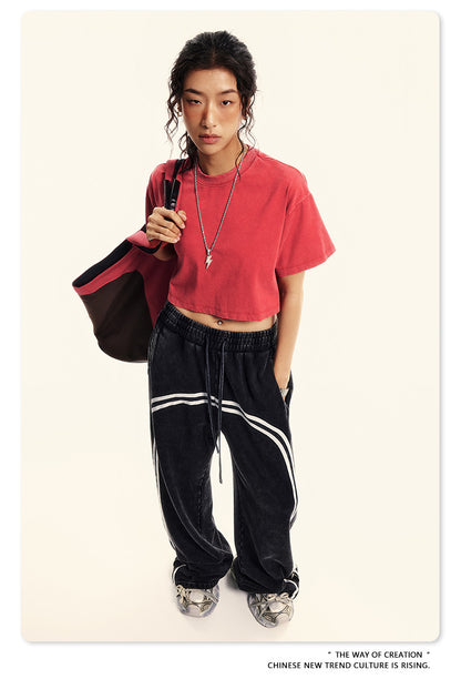 Fierce & Fitted 夏季美式復古做舊辣妹短款T袖N-6 水洗紅