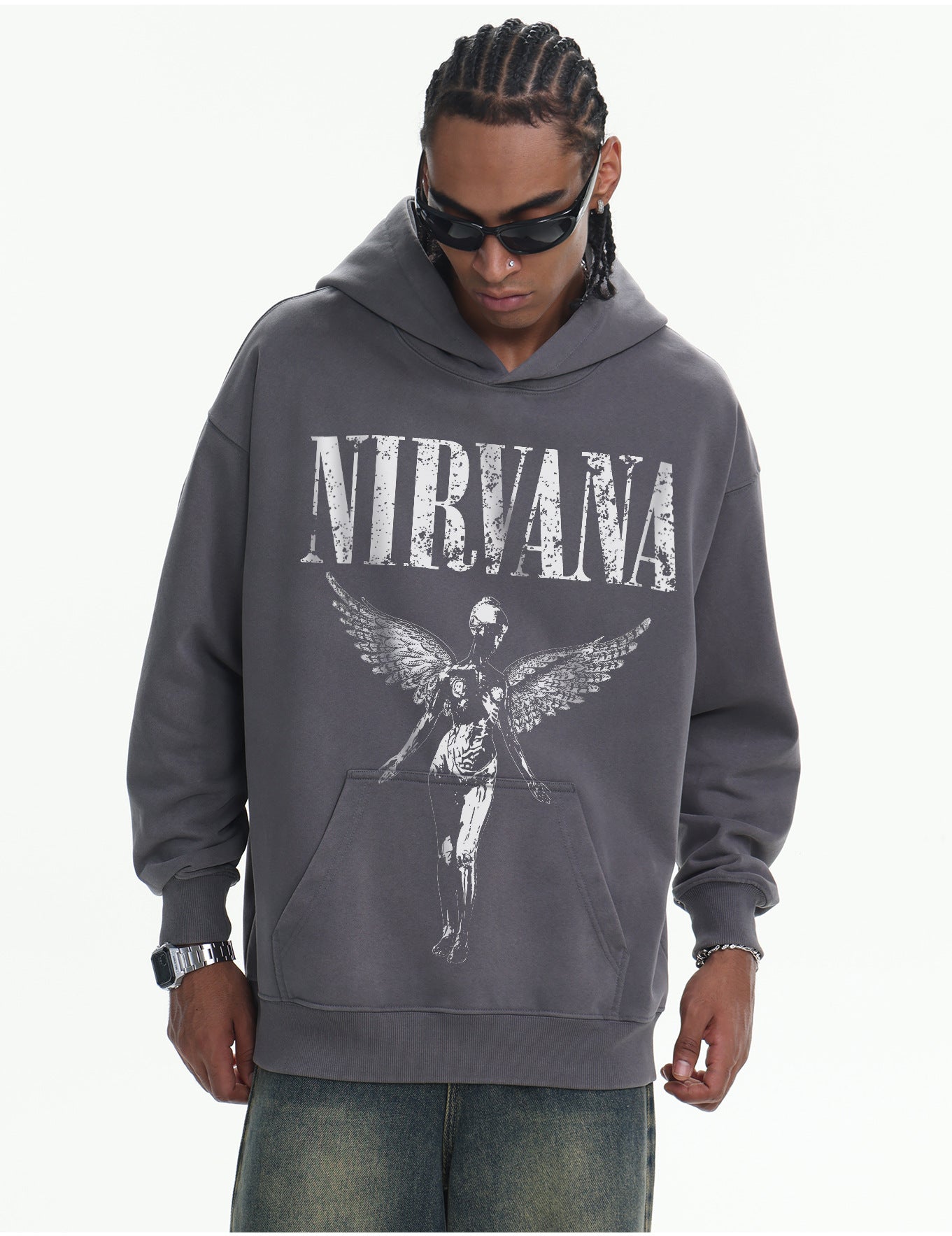 ♛𝔽𝕦𝕤𝕚𝕠𝕟 𝔽𝕠𝕔𝕦𝕤 ♛410G重磅水洗美式復古NIRVANA連帽大學T  FZ-81