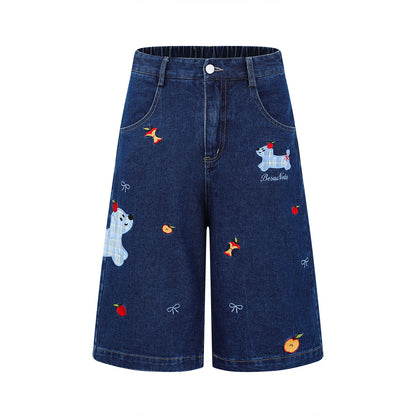 𖥟𝕽𝖊𝖑𝖆𝖝𝖊𝖉 𝖋𝖎𝖙  ☞美式復古小狗刺繡牛仔七分褲C-2