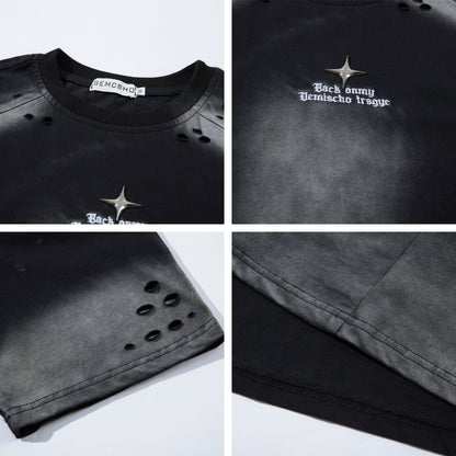 𝕃oose 𝔽it ☞𝟤𝟢𝟤𝟧 ☜美式水洗破洞字母刺繡圓領男女中性 T-Shirt寬版上衣JK-8