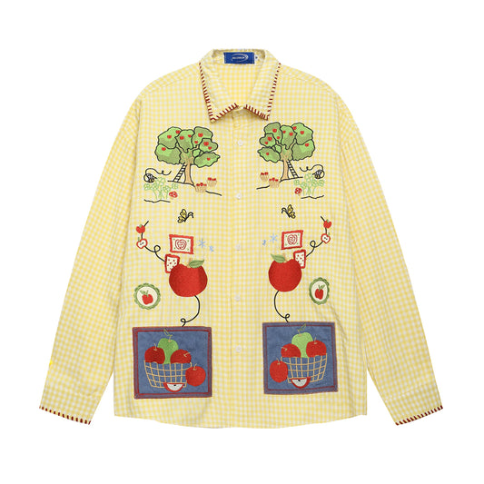 𝔼mbro 𝕊hirt𒉽2025秋冬趣味圖案刺繡寬鬆襯衫C-89