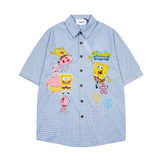 𝔼mbro 𝕊hirt𒉽童趣海綿寶寶系列刺繡短袖襯衫(淺藍)
