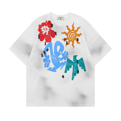 𝕃oose 𝔽it ☞𝟤𝟢𝟤𝟧 ☜美式復古抽象印花圓領寬版上衣T-46