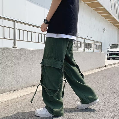 𖥟 𝔽𝕦𝕤𝕚𝕠𝕟 𝔽𝕠𝕔𝕦𝕤 ▓ 𝖜𝖔𝖗𝖐 𝖈𝖑𝖔𝖙𝖍𝖊𝖘 𖢘工裝褲夏季高街潮牌寬鬆休閒褲男女款機能風飄帶直筒闊腿褲 D-08