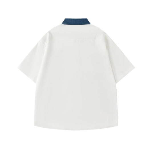 𝔼mbro 𝕊hirt𒉽日式復古花卉圖案刺繡寬鬆百搭短袖襯衫 (白色)