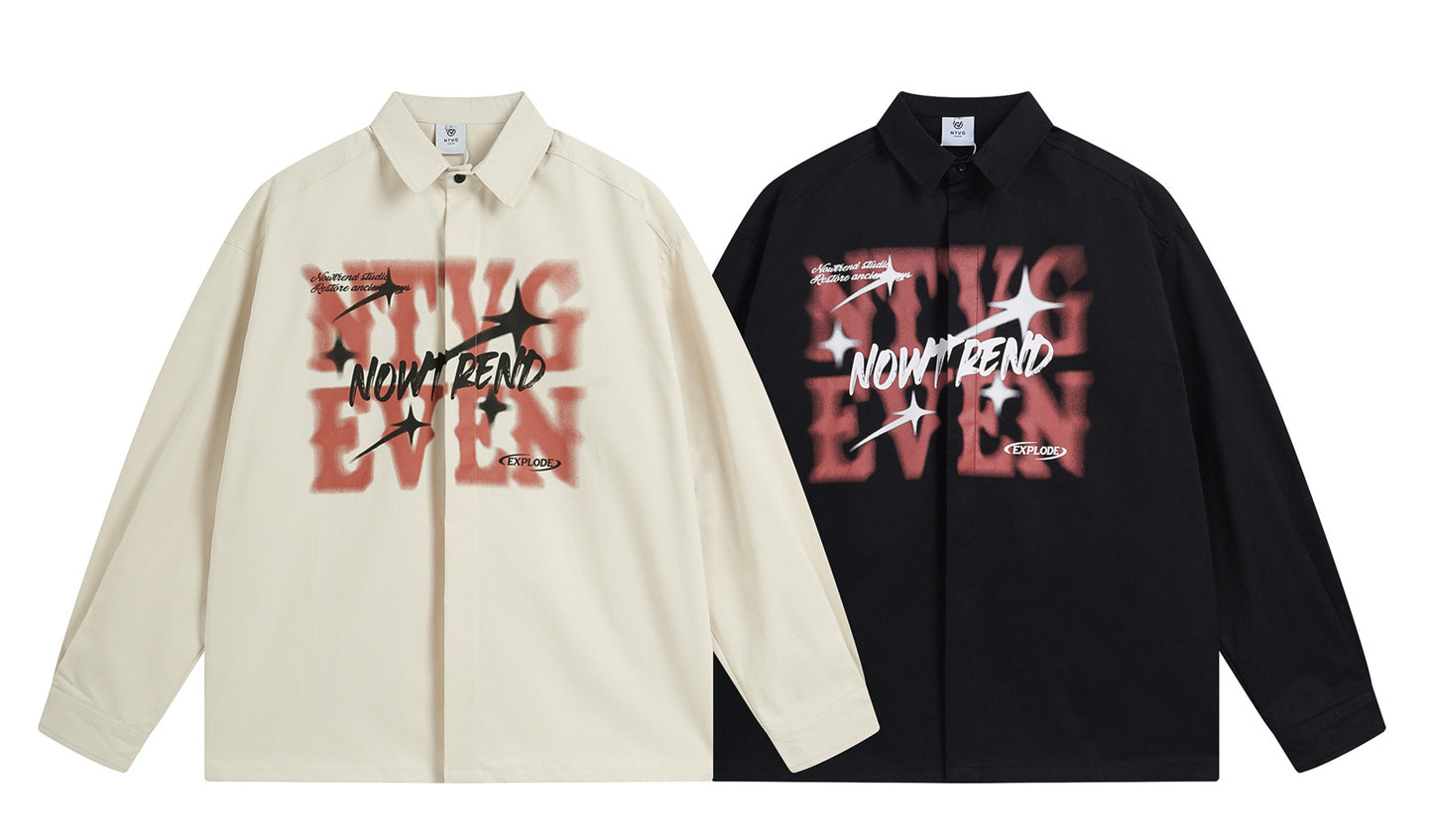 𝔼mbro 𝕊hirt𒉽秋冬長袖復古印花寬鬆襯衫NT-90