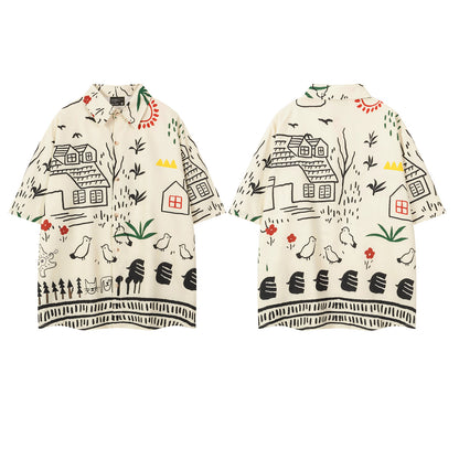 𝕃oose 𝔽it ☞𝟤𝟢𝟤𝟧 ☜日式復古趣味塗鴉印花休閒短袖襯衫	 DU-A31