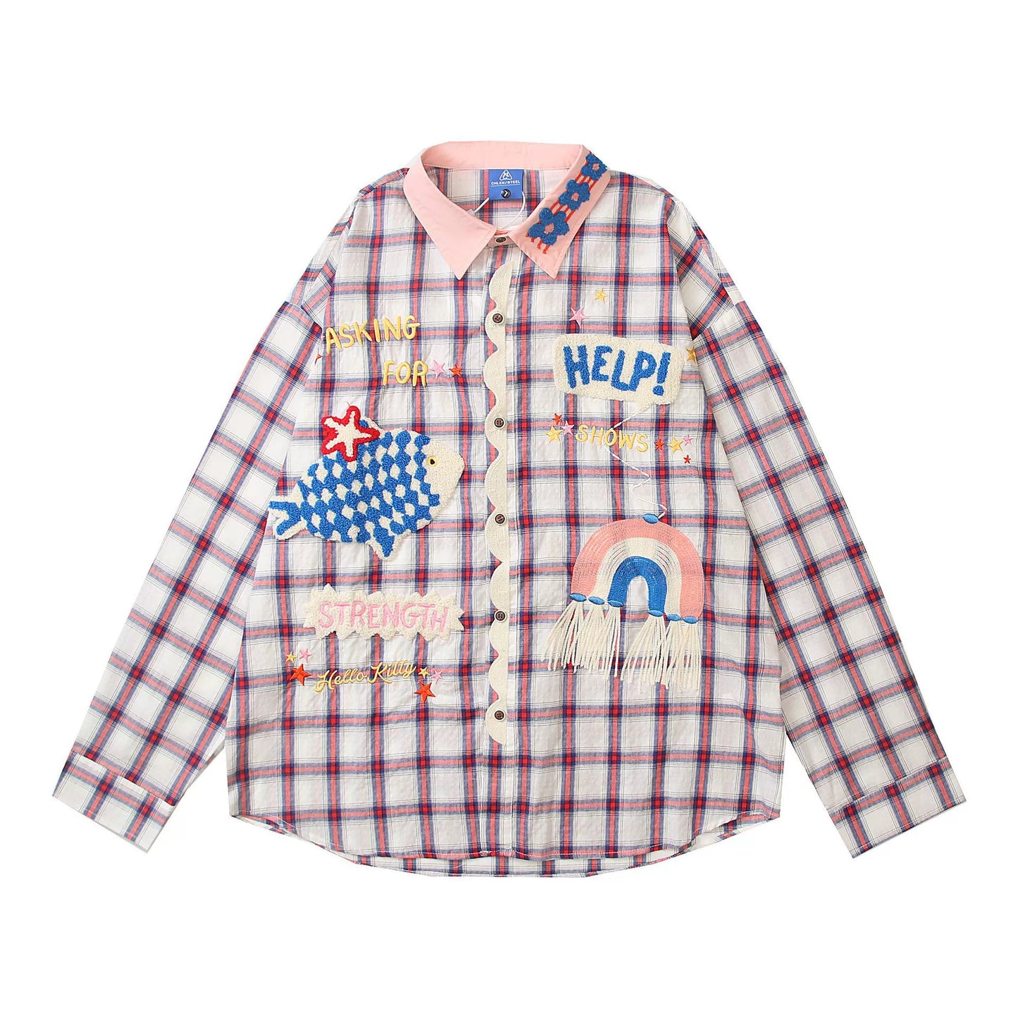 𝔼mbro 𝕊hirt𒉽2025秋冬復古小魚圖案寬鬆襯衫C-811