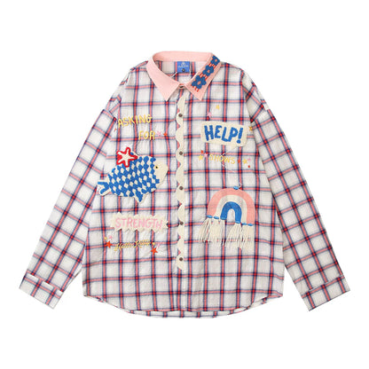 𝔼mbro 𝕊hirt𒉽2025秋冬復古小魚圖案寬鬆襯衫C-811