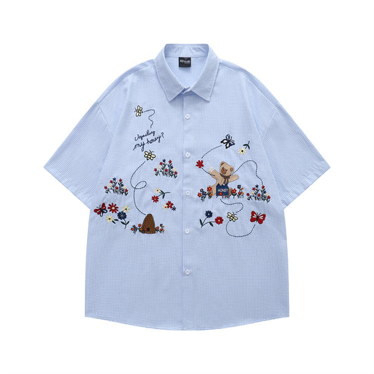 𝔼mbro 𝕊hirt𒉽美式復古趣味可愛小熊短袖寬鬆襯衫YD-13