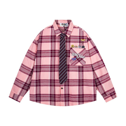 𝔼mbro 𝕊hirt𒉽2025秋冬領帶系列格子寬鬆襯衫外套MO-17