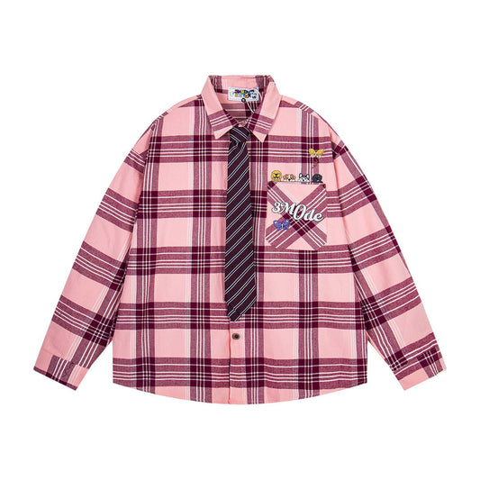 𝔼mbro 𝕊hirt𒉽2025秋冬領帶系列格子寬鬆襯衫外套MO-17