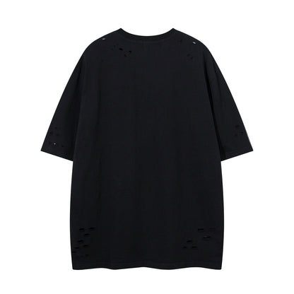 𝕃oose 𝔽it ☞𝟤𝟢𝟤𝟧 ☜美式水洗破洞字母刺繡圓領男女中性 T-Shirt寬版上衣JK-8