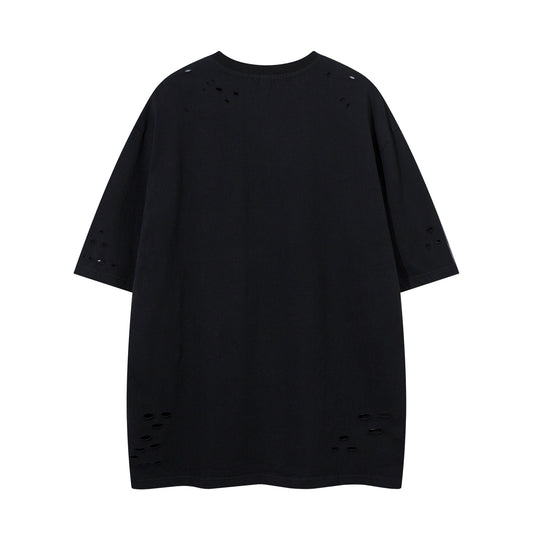 𝕃oose 𝔽it ☞𝟤𝟢𝟤𝟧 ☜美式水洗破洞字母刺繡圓領男女中性 T-Shirt寬版上衣JK-8