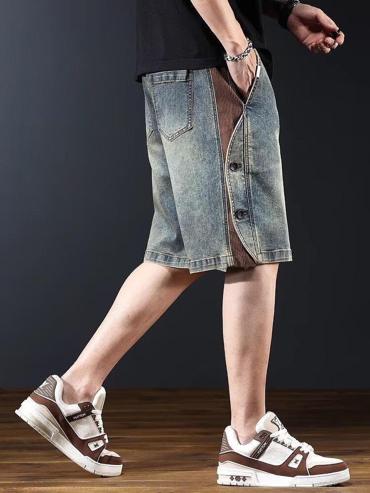 ♜  𝔽𝕦𝕤𝕚𝕠𝕟 𝔽𝕠𝕔𝕦𝕤  𖥟 𝖏𝖊𝖆𝖓𝖘  ☞ 美式復古牛仔短褲夏季新款寬鬆重磅水洗五分褲休閒拼接褲 Bs-12