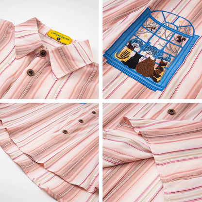 𝔼mbro 𝕊hirt𒉽2025秋冬小貓圖案刺繡條紋襯衫U-41