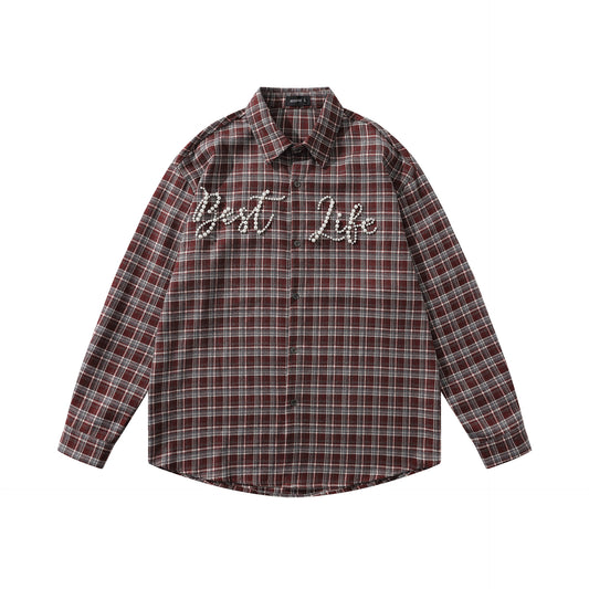 𝔼mbro 𝕊hirt𒉽2025秋冬復古格子寬鬆襯衫外套JD-2