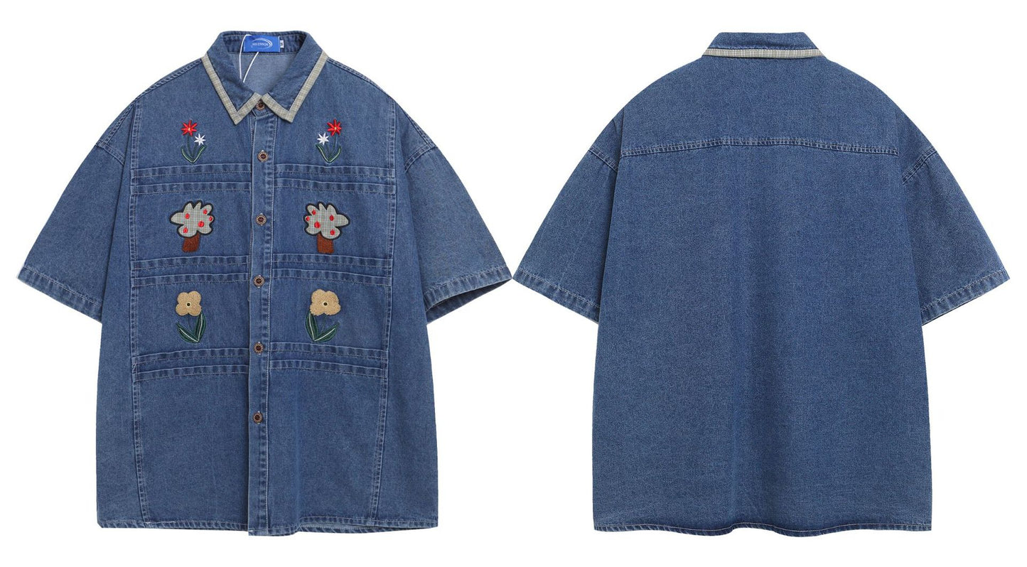 𝔼mbro 𝕊hirt𒉽美式復古經典小花圖刺繡牛仔寬鬆短袖襯衫外套