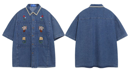 𝔼mbro 𝕊hirt𒉽美式復古經典小花圖刺繡牛仔寬鬆短袖襯衫外套