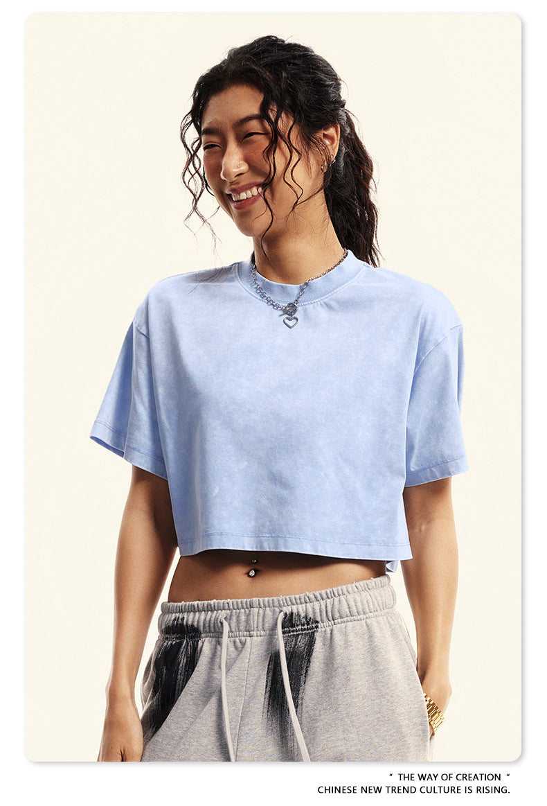 Fierce & Fitted 夏季美式復古做舊辣妹短款T袖N-7 水洗天空藍