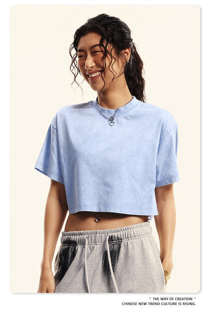Fierce & Fitted 夏季美式復古做舊辣妹短款T袖N-7 水洗天空藍