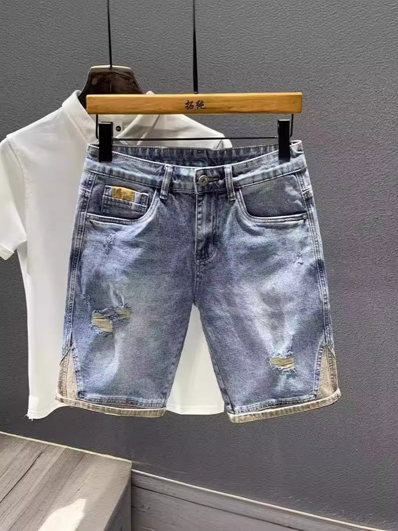 ♜  𝔽𝕦𝕤𝕚𝕠𝕟 𝔽𝕠𝕔𝕦𝕤  𖥟 𝖏𝖊𝖆𝖓𝖘  ☞ 夏季薄款輕奢潮牌高端復古破洞牛仔短褲拼接彈力五分褲 Bs-01