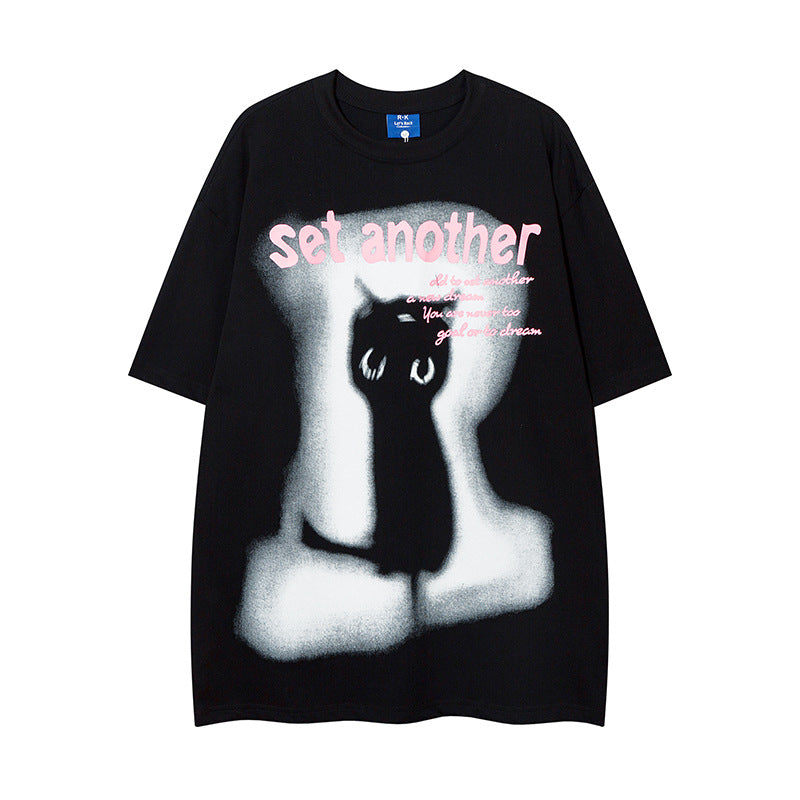 𝕃oose 𝔽it ☞𝟤𝟢𝟤𝟧 ☜美式復古抽象貓咪印花圓領男女中性 T-Shirt寬版上衣 R-13