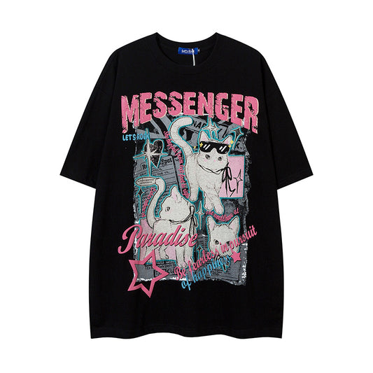 𝕃oose 𝔽it ☞𝟤𝟢𝟤𝟧 ☜美式復古貓咪印花男女中性 T-Shirt寬版上衣  RK-6