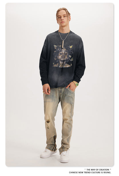 ♛𝔽𝕦𝕤𝕚𝕠𝕟 𝔽𝕠𝕔𝕦𝕤 ♛2025秋冬復古水洗印花大學T W-55