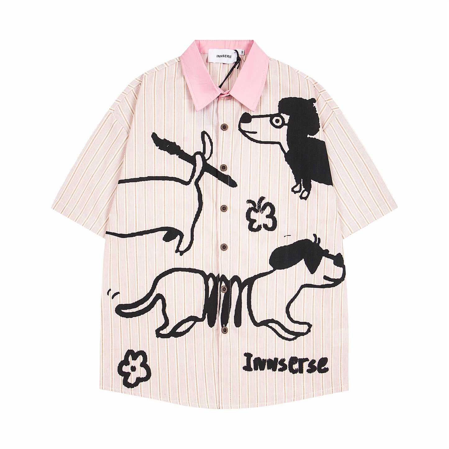 𝕃oose 𝔽it ☞𝟤𝟢𝟤𝟧 ☜美式復古可愛小狗圖短袖條紋寬鬆襯衫 	 IN-114