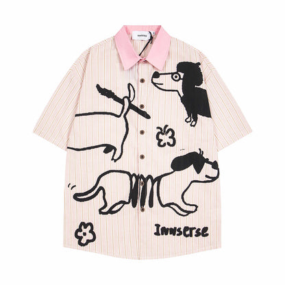 𝕃oose 𝔽it ☞𝟤𝟢𝟤𝟧 ☜美式復古可愛小狗圖短袖條紋寬鬆襯衫 	 IN-114