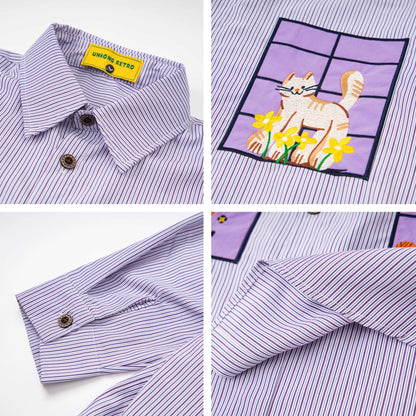 𝔼mbro 𝕊hirt𒉽2025秋冬小貓圖案刺繡條紋襯衫N-46