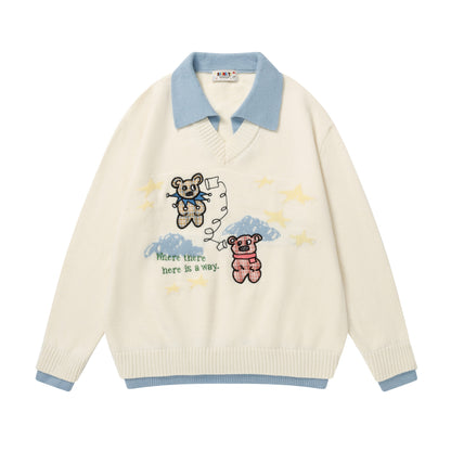 ⓀⓃⒾⓉ𒉽2025秋冬復古撞色慵懶小熊翻領針織 M-16