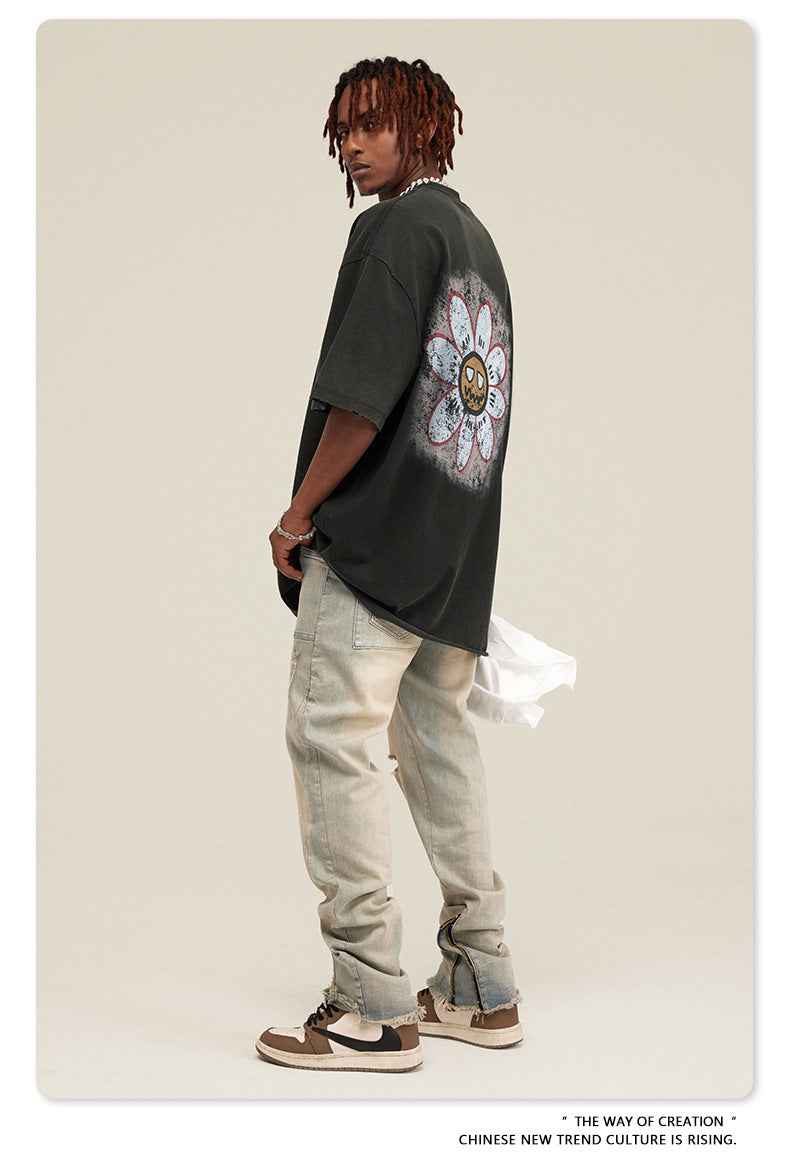 ▶𝔽𝕦𝕤𝕚𝕠𝕟 𝔽𝕠𝕔𝕦𝕤 ⌘𝓦𝓪𝓼𝓱𝓮𝓭 𝔀𝓲𝓷𝓭 ◀ 2025美式復古潮牌水洗做舊趣味花朵印花短袖Vintage街頭寬鬆T恤 TZ-15