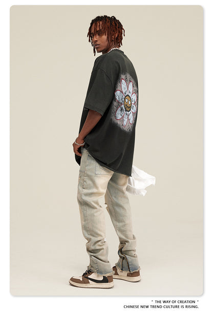 ▶𝔽𝕦𝕤𝕚𝕠𝕟 𝔽𝕠𝕔𝕦𝕤 ⌘𝓦𝓪𝓼𝓱𝓮𝓭 𝔀𝓲𝓷𝓭 ◀ 2025美式復古潮牌水洗做舊趣味花朵印花短袖Vintage街頭寬鬆T恤 TZ-15