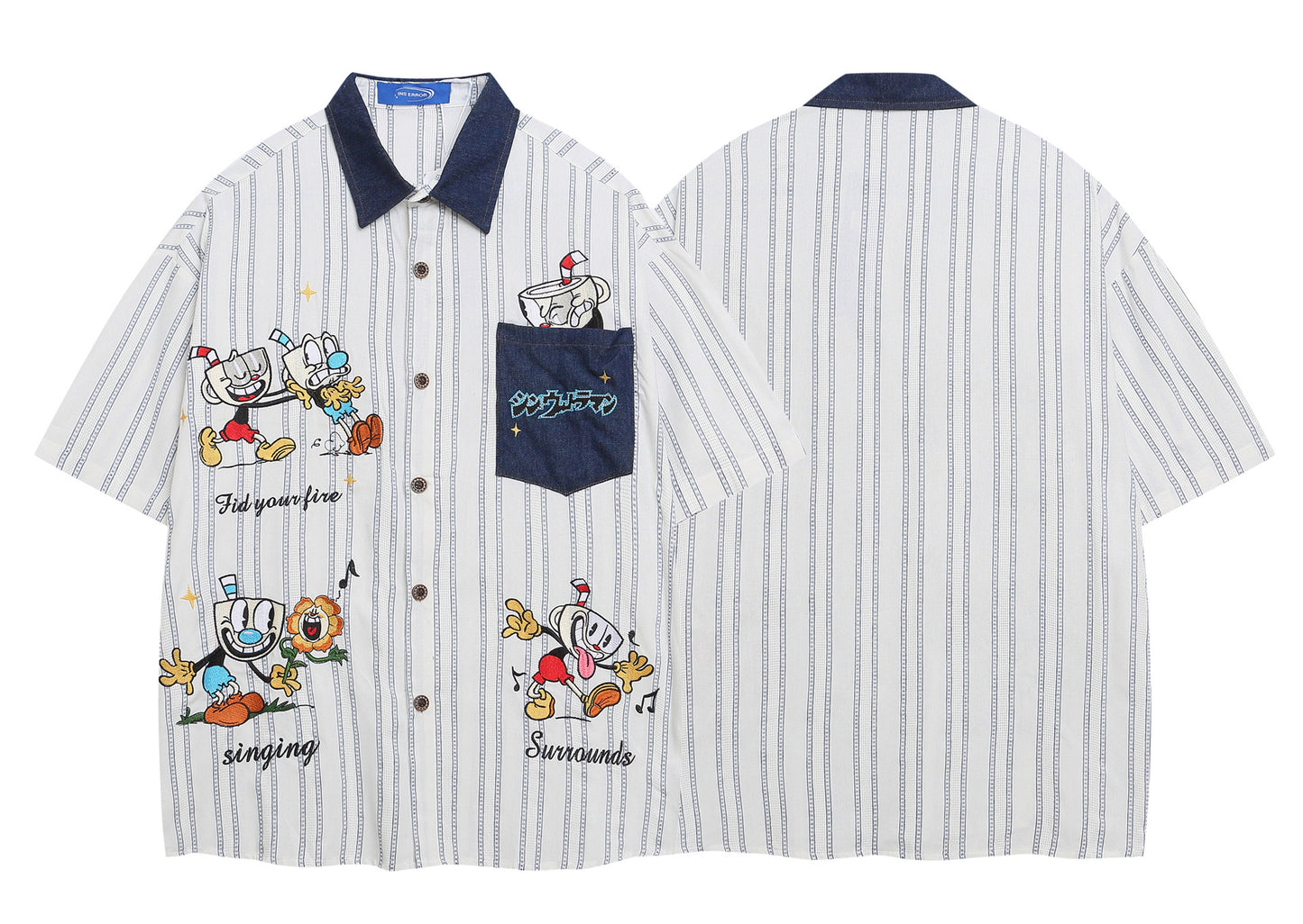 𝔼mbro 𝕊hirt𒉽美式復古卡通刺繡寬鬆條紋襯衫 IN-13